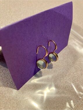 Rose Gold 24kt Plate Earrings with Round Iridescent Opaque Glass in a Sage Green